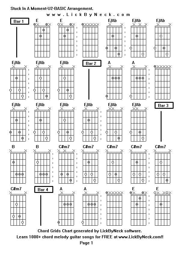 Chord Grids Chart of chord melody fingerstyle guitar song-Stuck In A Moment-U2-BASIC Arrangement,generated by LickByNeck software.